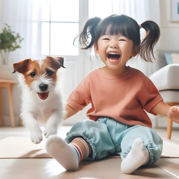 happy laughing Asian young toddler girl with jumping Jack Russell dog in bright room
