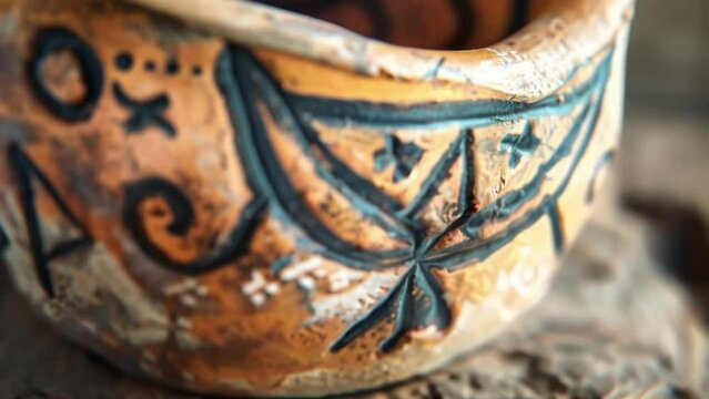 Closeup of a piece of pottery with handpainted symbols depicting the interconnectedness of all living beings and the importance of mutual respect in maintaining peace. .