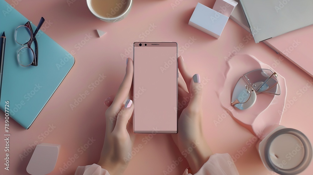 Poster close up feminine workspace with smartphone in female hands latte ice notebook spectacles nail polis