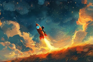 Creative child riding a rocket in the sky