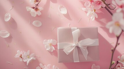 Gift or present box and flower on pink table from above Pastel color Greeting card Flat lay style : Generative AI