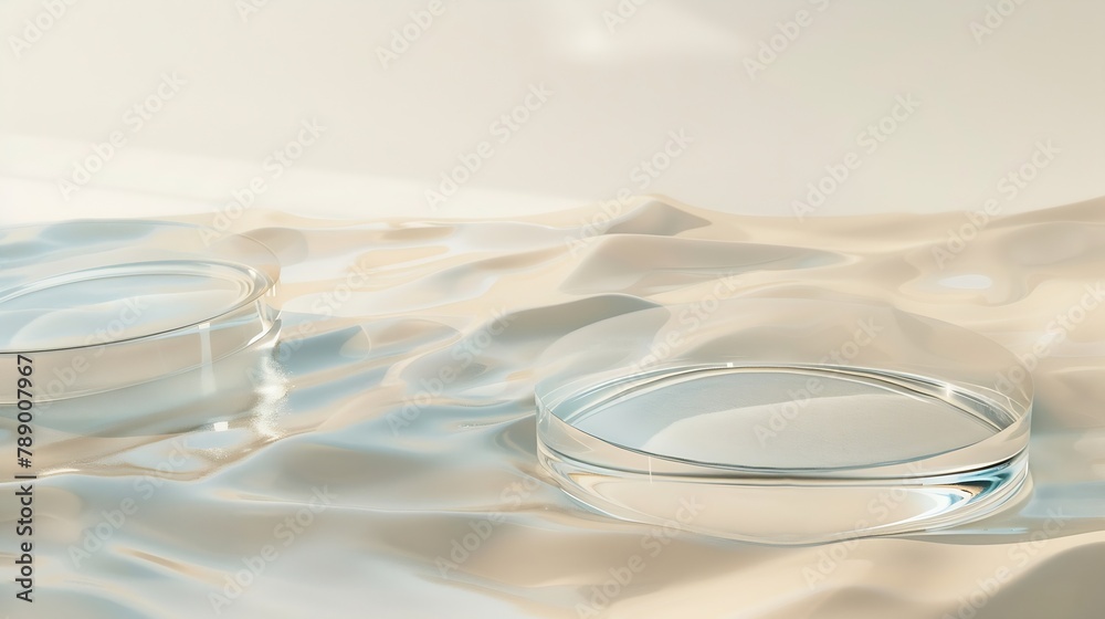 Poster two empty clear glass circle podiums on beige transparent calm water texture with waves in sunlight 