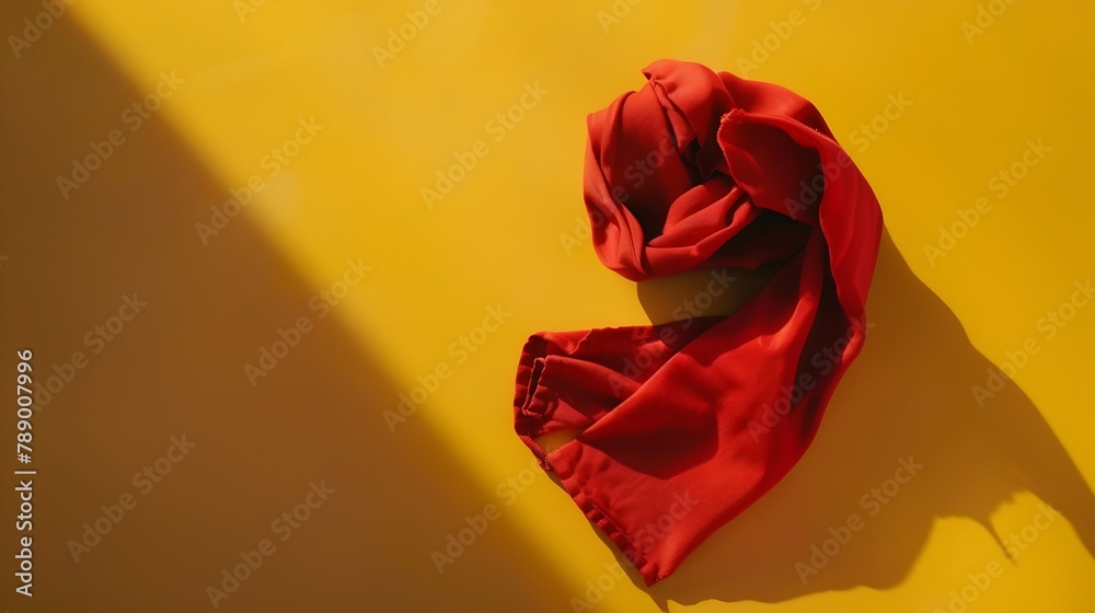 Poster top view with red empty kitchen napkin isolated on table background Folded cloth for mockup with copy space Flat lay Minimal style : Generative AI
