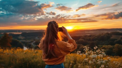 young woman using her phone to capture a beautiful sunset