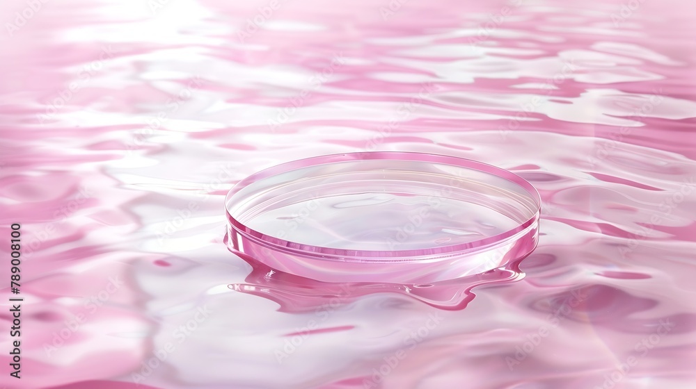 Leinwandbilder empty clear glass circle podium on pink transparent calm water texture with waves in sunlight abstra
