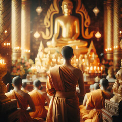 Rear view of youngs buddhists monk in orange robe meditating in temple	