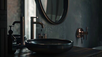 Black sink vintage copper faucet gray wall mirror loft bathroom interior details Close up minimalism concept : Generative AI