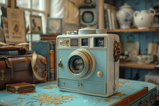old camera on a wooden table,
 A Blue and White Camera on a Table with Other Items