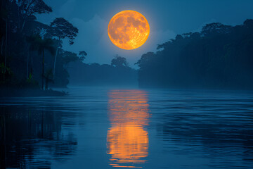 night landscape with moon,
A Full Moon Shines Brightly and is Mirrored in the Water  - obrazy, fototapety, plakaty