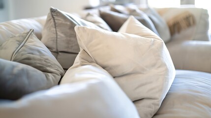 Close up view of several pillows piled on a light colored couch in a living room : Generative AI