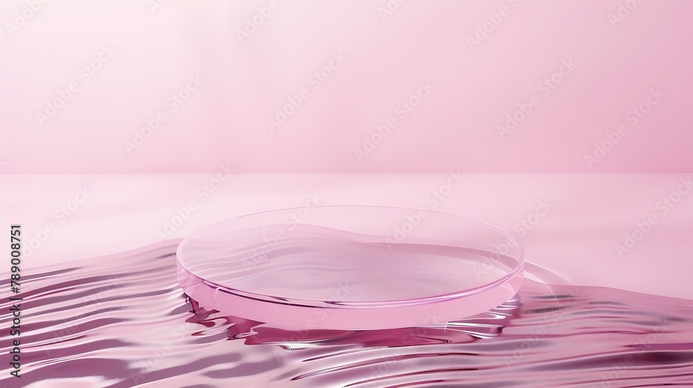 Poster Empty clear glass circle podium on pink transparent calm water texture with waves in sunlight Abstract nature background for product presentation Flat lay cosmetic mockup copy space : Generative AI
