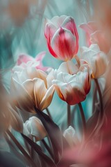 Los tulipanes se inclinan suavemente en una danza, sus pétalos una delicada confluencia de rubor y crema contra un lienzo de ensueño.