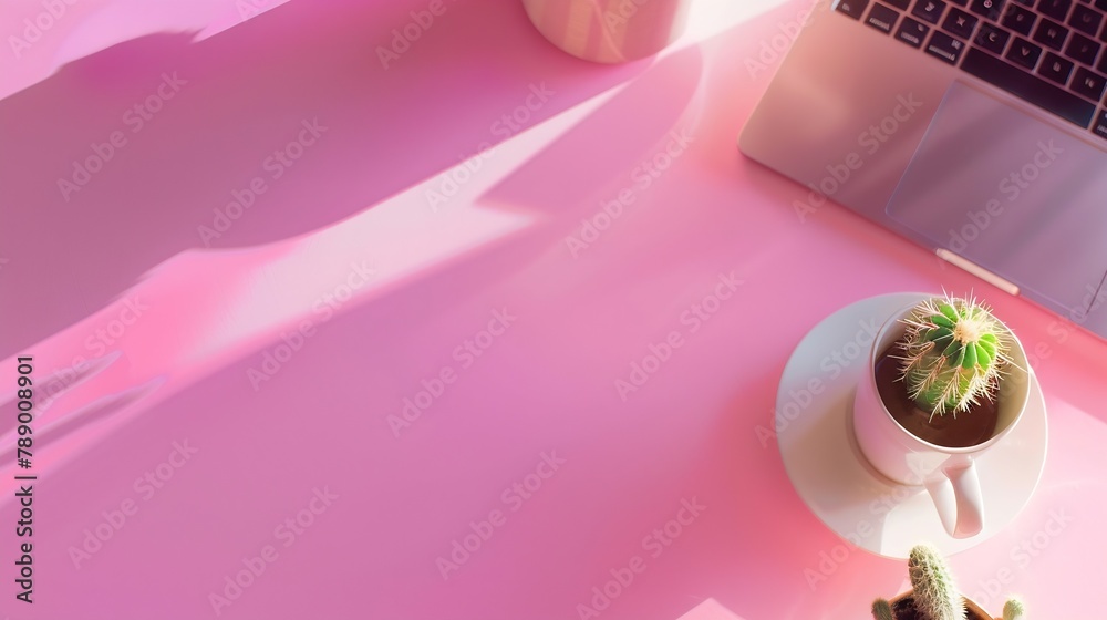 Aufkleber Working with Laptop computerHot coffee and cactus copy space on pink table backgroundTop viewFlat laystyle Minmal workspacebusiness Concept : Generative AI