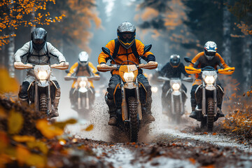 male motorcycle racers on sports enduro motorcycles compete in an off-road race riding on muddy road in forest - obrazy, fototapety, plakaty