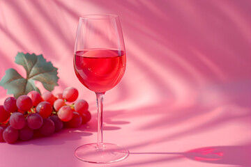 Red wine glass on pastel pink background