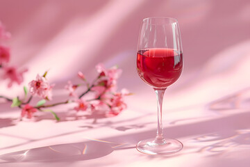 Red wine glass on pastel pink background