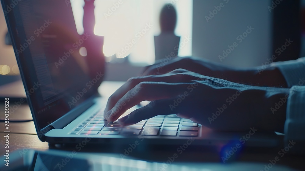 Poster businessman using laptop computer at home close up of male hands typing on laptop keyboard in office