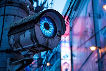 Surveillance camera transformed into a digital eye overseeing a network of interconnected devices, representing the monitoring and detection of cyber threats.