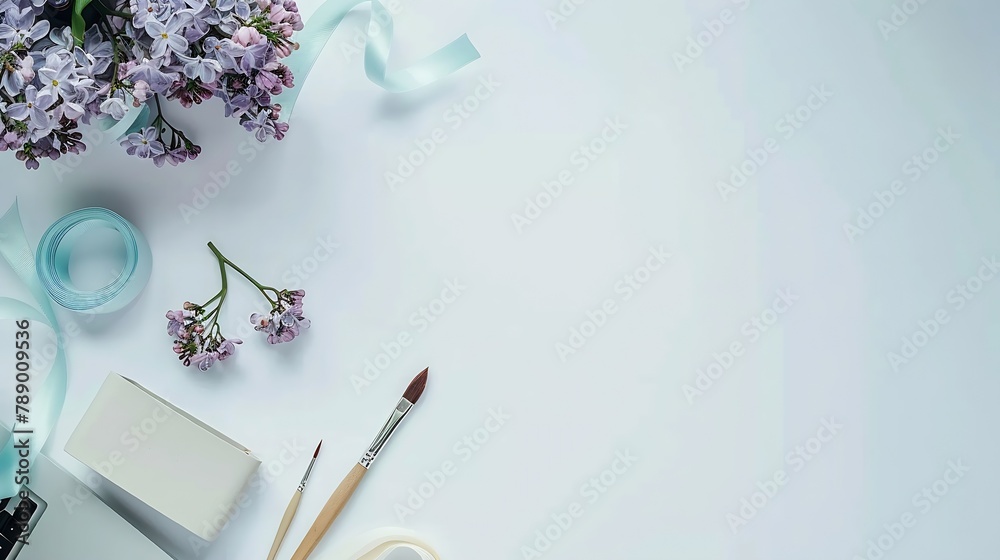 Poster flat lay top view office table desk workspace with paintbrush laptop lilac flowers bouquet spool wit