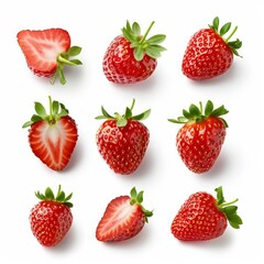 Set of fresh strawberries, isolated on white background, summer fruits collection