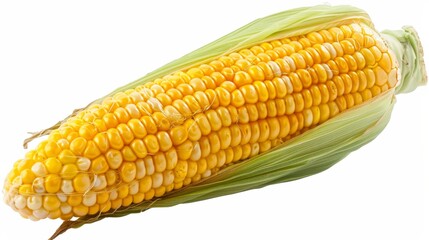 Vibrant Yellow Corn Cob with Natural Green Husk on a Pristine White Background