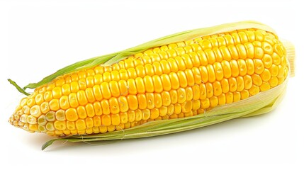 Vibrant Yellow Corn Cob with Natural Green Husk on a Pristine White Background
