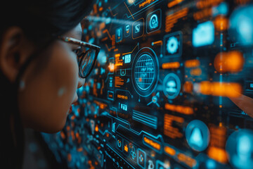 a person wearing glasses looking at a screen filled with various digital information and icons.