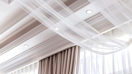 Ceiling cornice with drapes white curtain or tulle Interior details close up White ceiling plastic ceiling cornice with two rails brown matting fabric curtains and transparent curtains : Generative AI