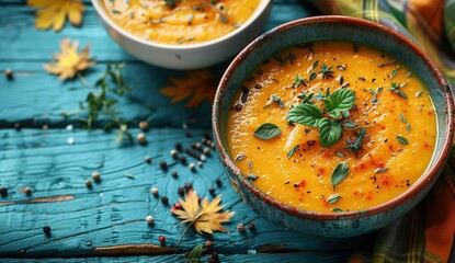 A beautiful photo of delicious soup on an isolated blue wooden table, with some herbs and spices scattered around the bowl