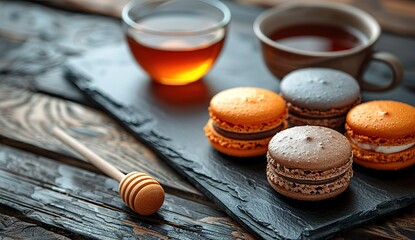 A black wooden table with macarons on the side, a tray of tea and honey in front, a simple background