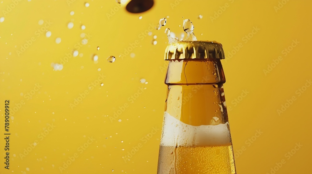 Poster Opening of cold beer bottle gas output and bottle cap in the air Isolated on a yellow background : Generative AI