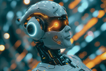 Fototapeta premium Futuristic humanoid robot with glowing circuitry and digital interface