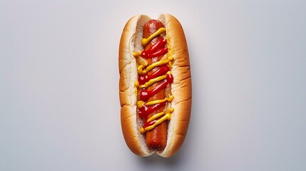 Delicious hot dog with mustard and ketchup on light grey table flat lay : Generative AI
