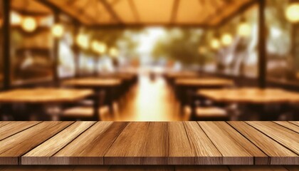 Latte Lounge: Empty Wooden Board Tabletop with Café Background Blur - obrazy, fototapety, plakaty