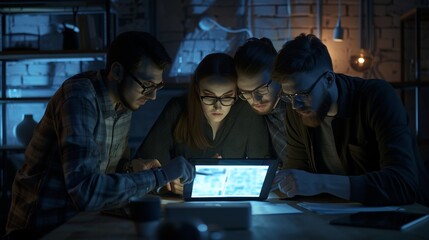 Creative team collaborating on project using tablet pc in office at night - Concept of technology, teamwork, and meeting deadlines