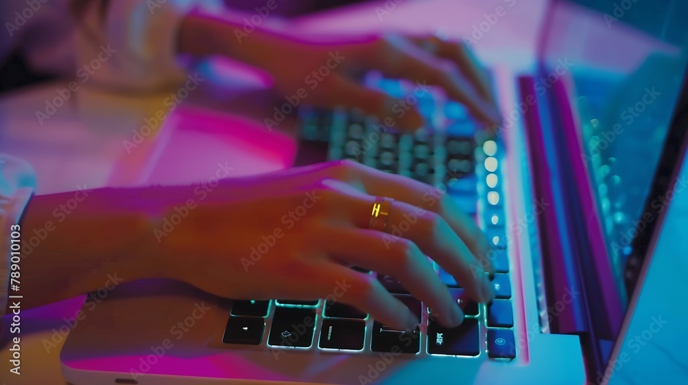 Poster Close up image of woman hands typing on laptop computer keyboard and surfing the internet on office table online working business and technology internet network communication concept : Generative AI