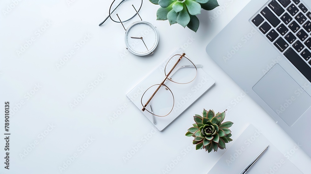 Poster flat lay top view office table desk frame feminine desk workspace with laptop diary succulent glasse