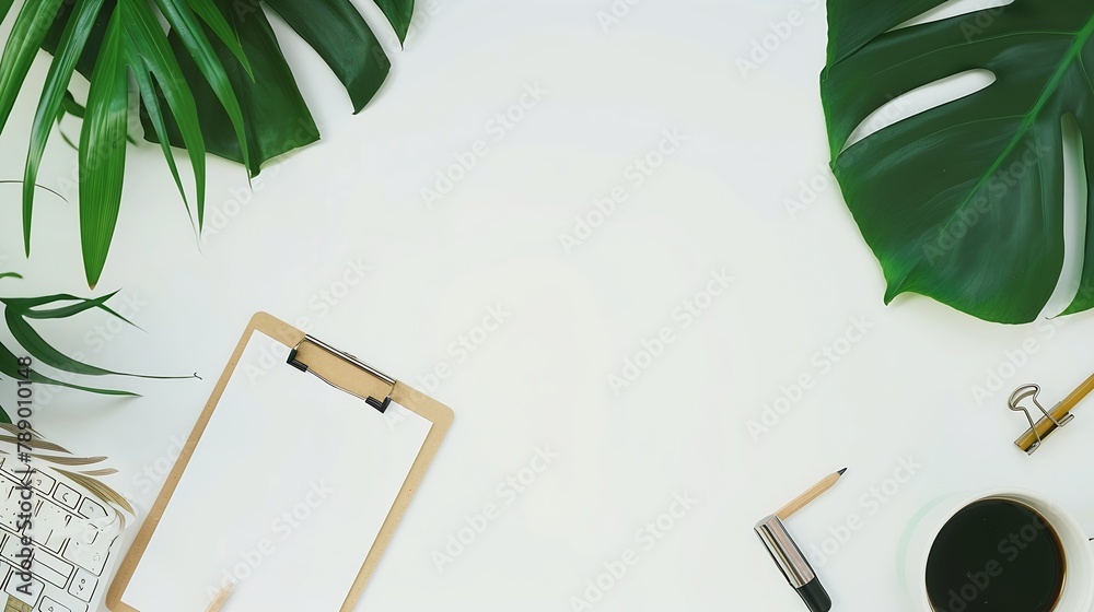 Poster flat lay top view office table desk workspace with blank clip board keyboard office supplies pencil 