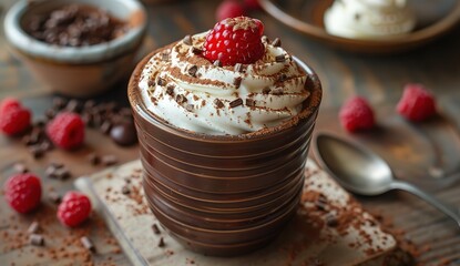 A close-up shot of an elegant, tall cup with a chocolate base and white cream on top topped with one red raspberry