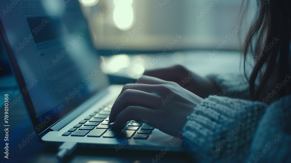 Aufkleber Young woman working with a laptop Female freelancer connecting to internet via computer Blogger or journalist writing new article Closeup of female hands typing on keyboard : Generative AI