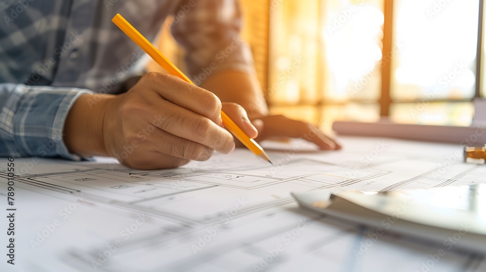 Poster a closeup an architect a house designer holding a pencil pointing to a house plan to examine the des