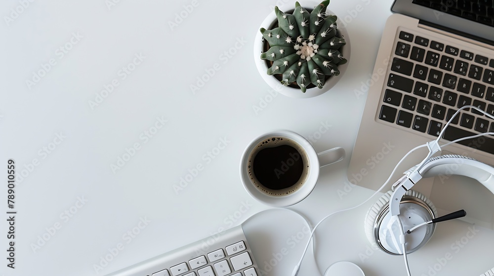 Poster neutral minimalist flat lay scene with coffee keyboard headphones and cactus : generative ai