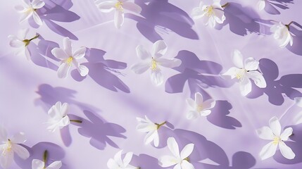 Fototapeta na wymiar Natural floral pattern with white flowers floating in water on pastel purple background Reflections of sun and shadows Spring or summer wallpaper Blooming texture or spa concept Minima : Generative AI