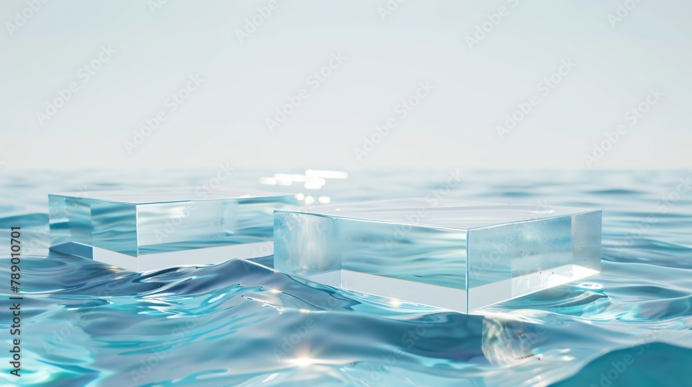 Poster Two empty clear glass square podiums on blue transparent calm water texture with waves in sunlight Abstract nature background for product presentation Flat lay cosmetic mockup copy spa : Generative AI