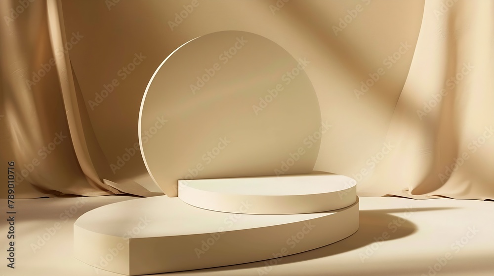Aufkleber Blank round geometric shape podium platform on paper cut abstract minimal geometric shape light brown background Top view mock up for product display : Generative AI