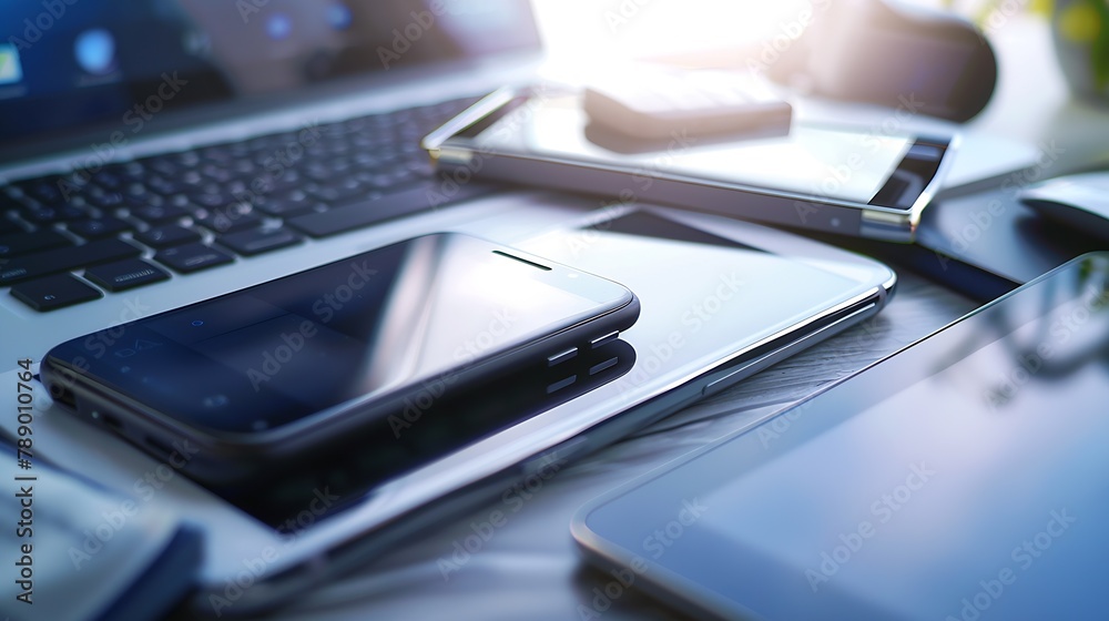 Aufkleber Office tools Digital technology Innovative implementation in business Internet applications Wireless function Tablet phone and camera Developing applications on the Internet Flat lay p : Generative AI