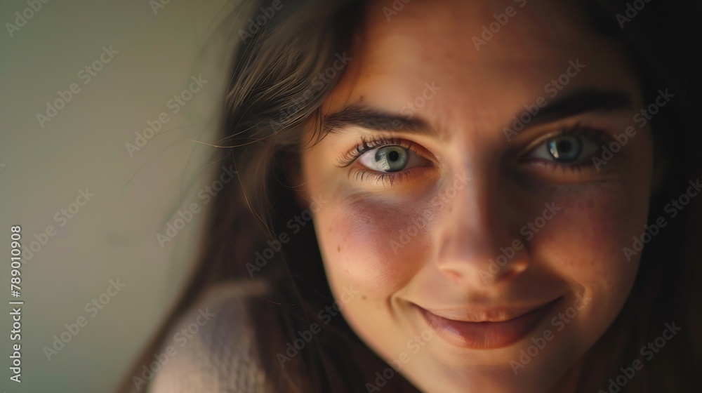 Wall mural closeup portrait of young happy woman looking in camera : Generative AI