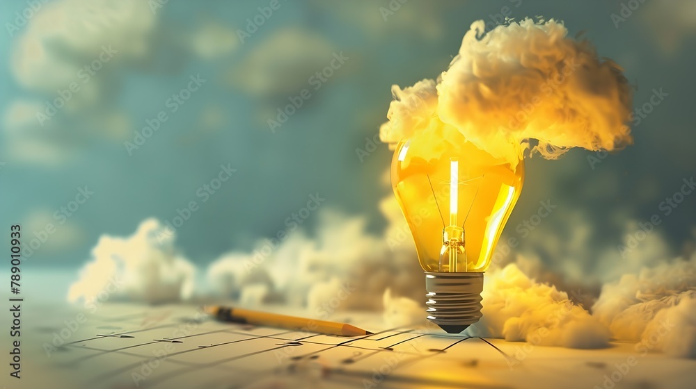 Poster yellow light bulb with cloud sketches flat lay : generative ai