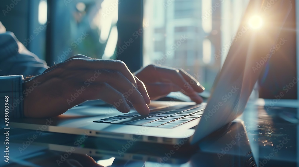 Poster businessman using laptop computer at home close up of male hands typing on laptop keyboard in office