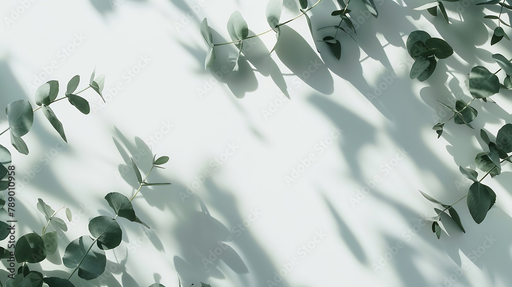 Poster green eucalyptus leaves and shadows on a white background flat lay top view copy spacefloral card : 
